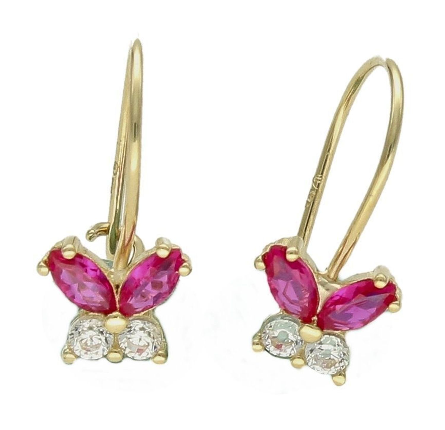 Złote kolczyki 375 motylki z czerwoną cyrkonią KL 6773B 375. Złote kolczyki wykonane z najwyższej jakości żółtego złota, próba 375, waga około 0,68 gram. Kolczyki w minimalistycznym stylu, wpisujące się w obecne trendy modowe. Idealn.jpg